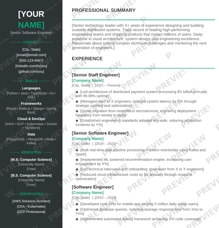 Senior Tech Professional Resume Template | Dark Modern Two-Column Design preview
