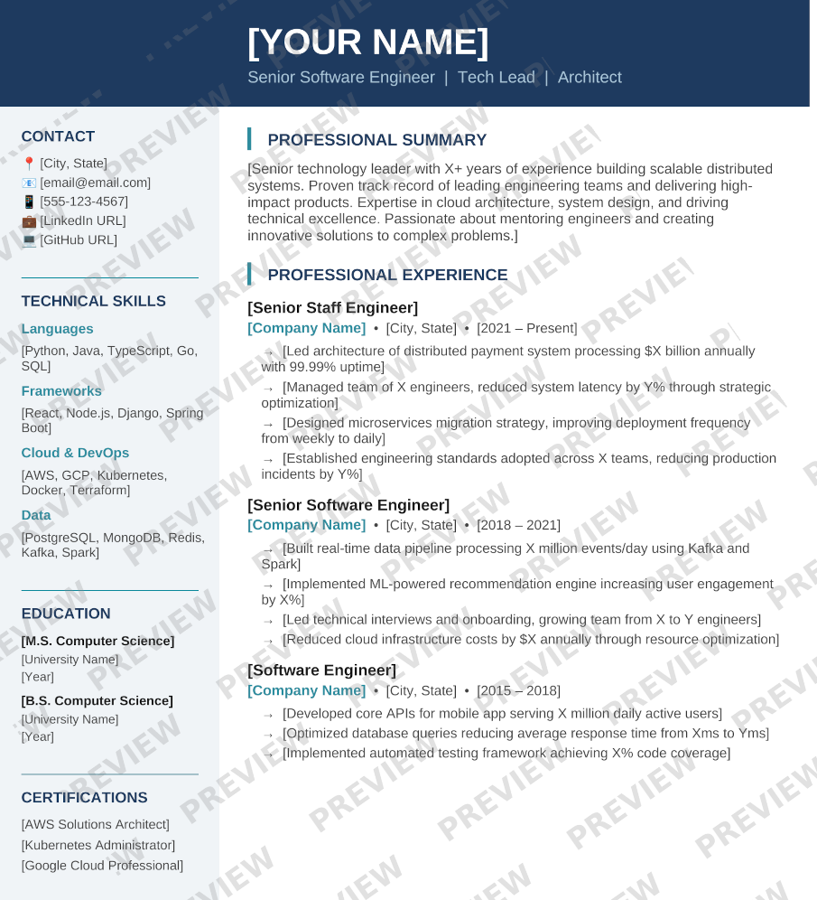 Senior Tech Professional Resume Template | Modern Two-Column Design preview